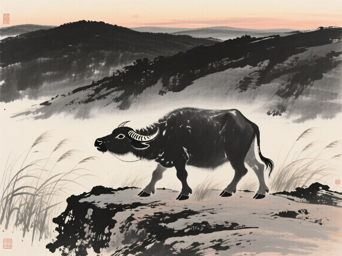A water buffalo walking through tall grass at dusk on a rocky outcrop above a valley, framed low to the ground for an intimate, close perspective, carrying a sense of quiet dignity and wildness.