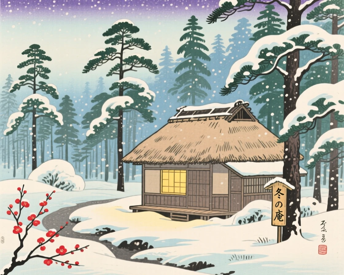 A warm glow spilling from a lone window in a snowy forest, beneath layers of soft morning haze.