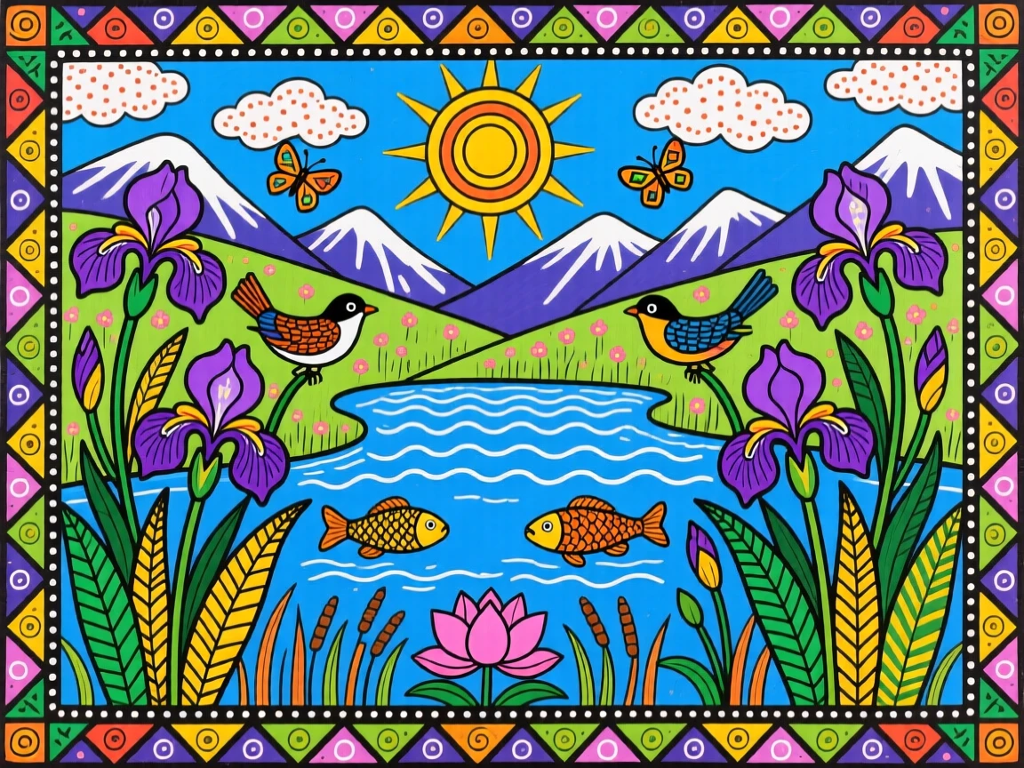 A meadow of wild irises blooming beside a quiet alpine lake.