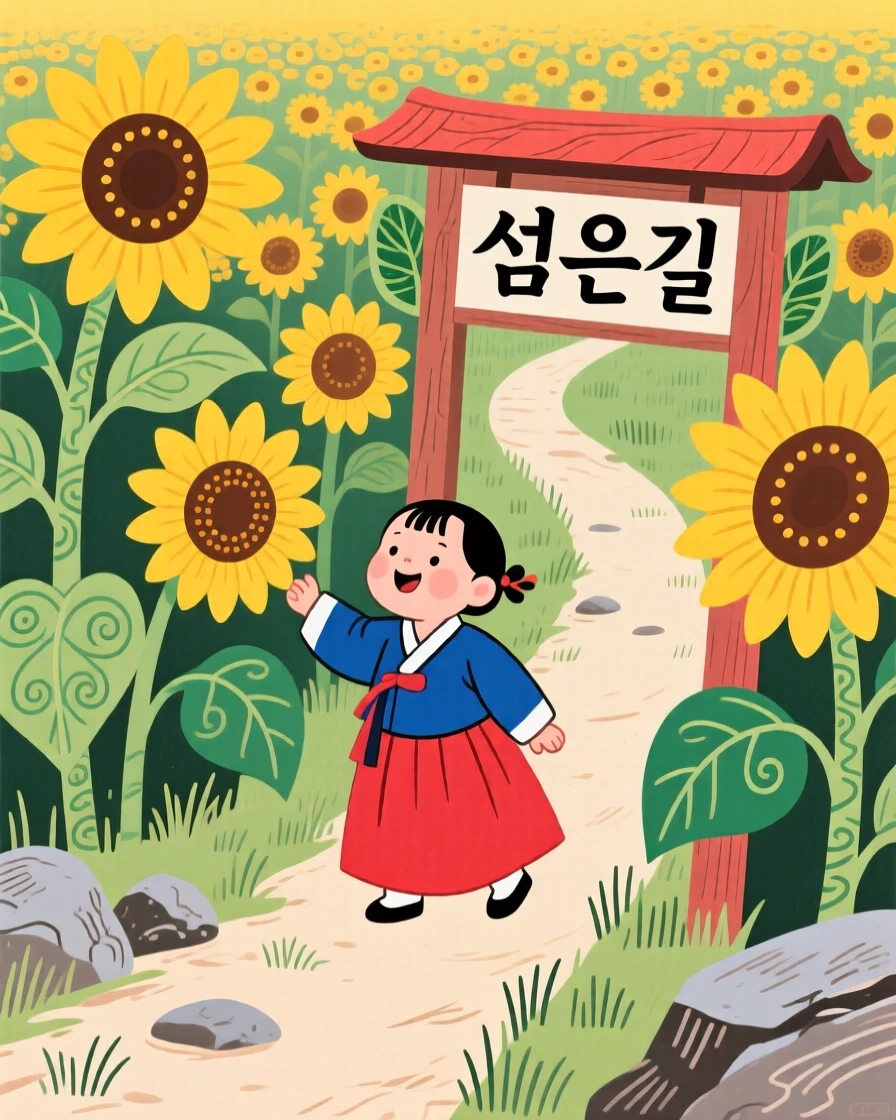 A child discovering a hidden path through a sunflower field.