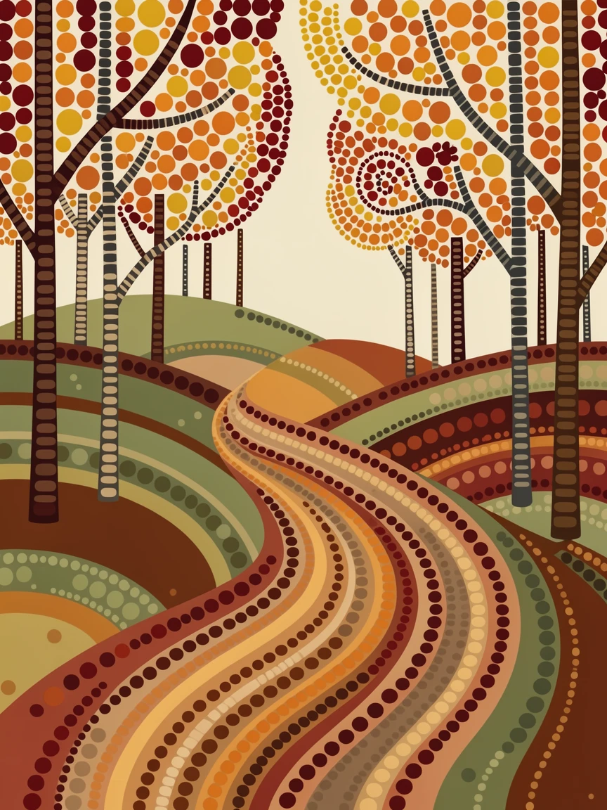 Autumn leaves swirling through a quiet forest path over rolling hills