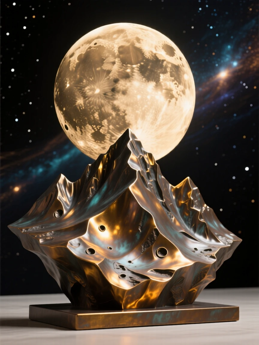A full moon rising dramatically over a mountain silhouette, rendered with vast cosmic scale and radiant color, evoking wonder at the universe