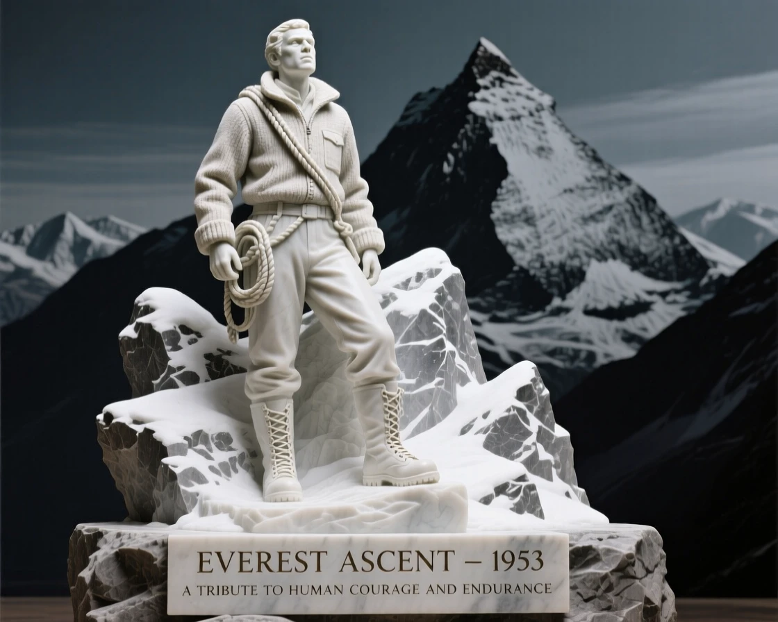 An evocative depiction of a fearless explorer atop a snowy peak, framed by dramatic natural scenery, balancing detail with emotional depth