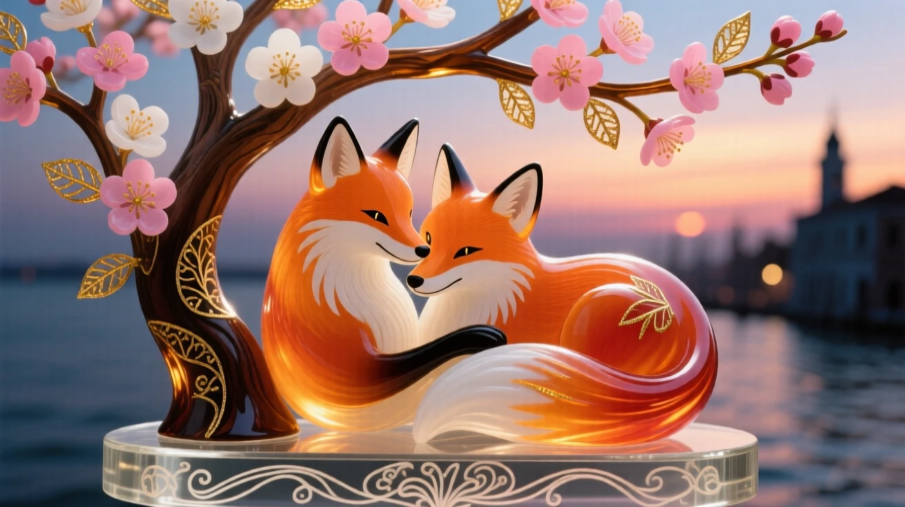 A pair of foxes curled together beneath a blossoming cherry tree at the very height of dusk, cozy and tender.