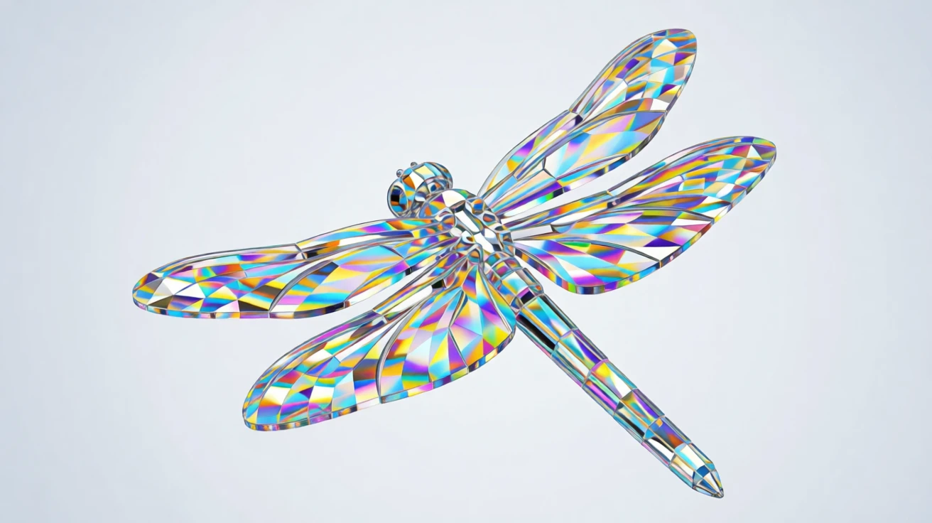 An abstract swirl of iridescent pigment forming the shape of a soaring dragonfly.