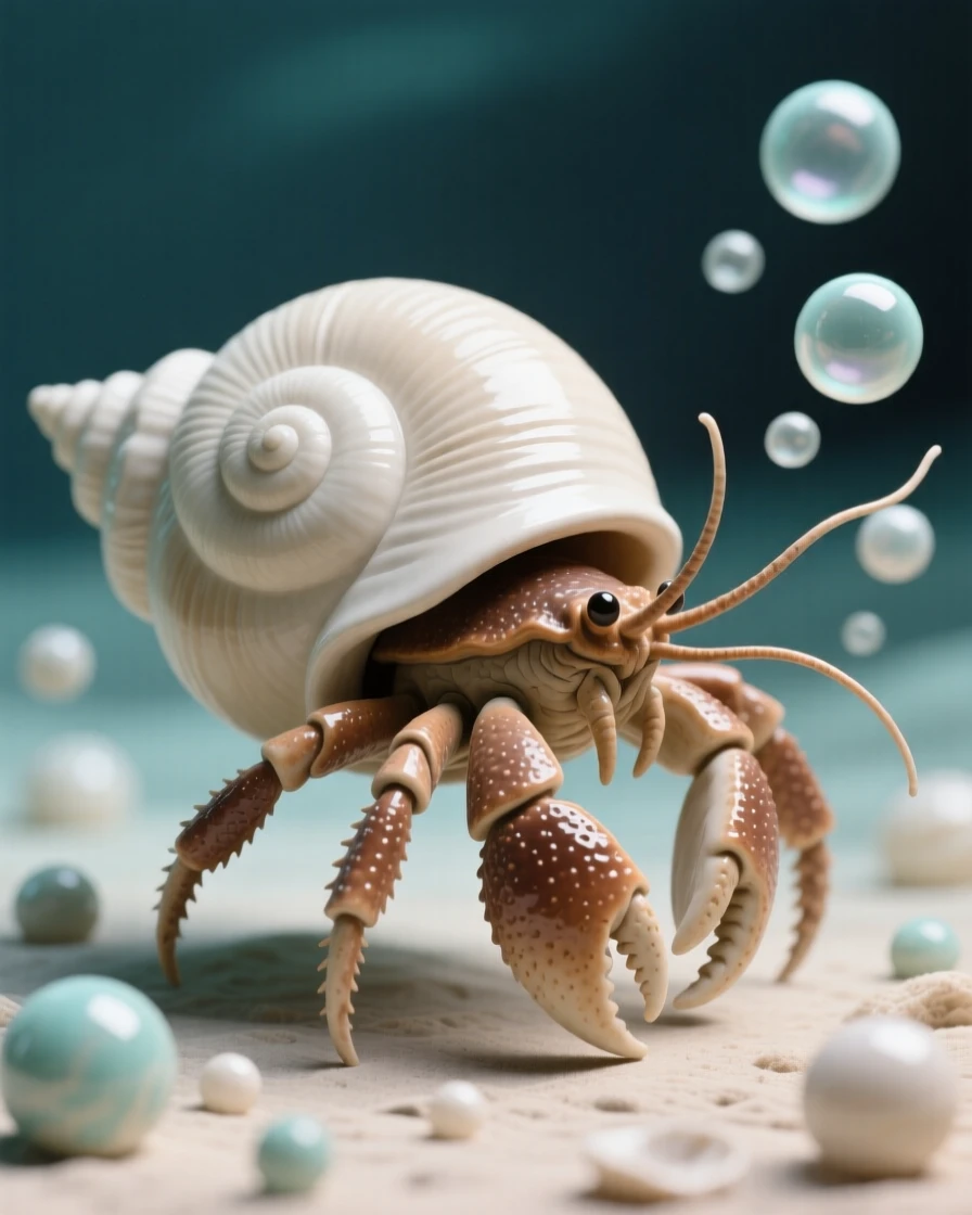 A hermit crab peeking from a spiral shell gliding in a slow, elegant spiral, surrounded by drifting bubbles, conveying calm, fluid tranquility.
