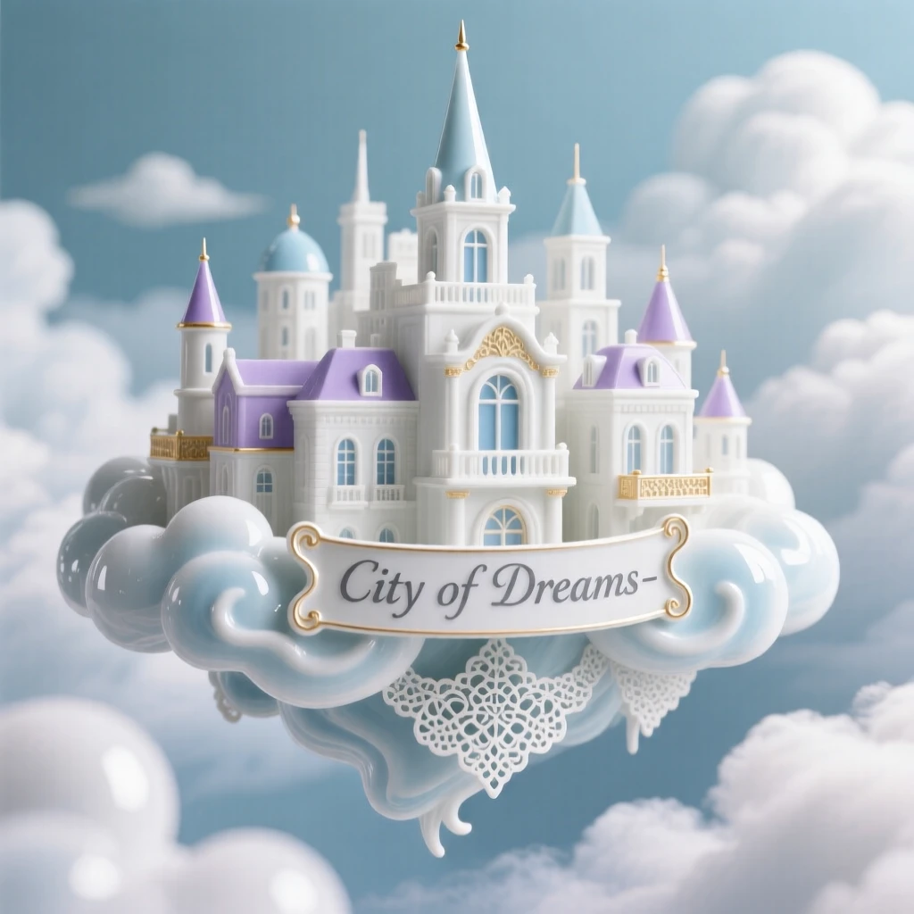 A dreamlike scene of a city floating among the clouds, rendered with soft, dreamlike light.