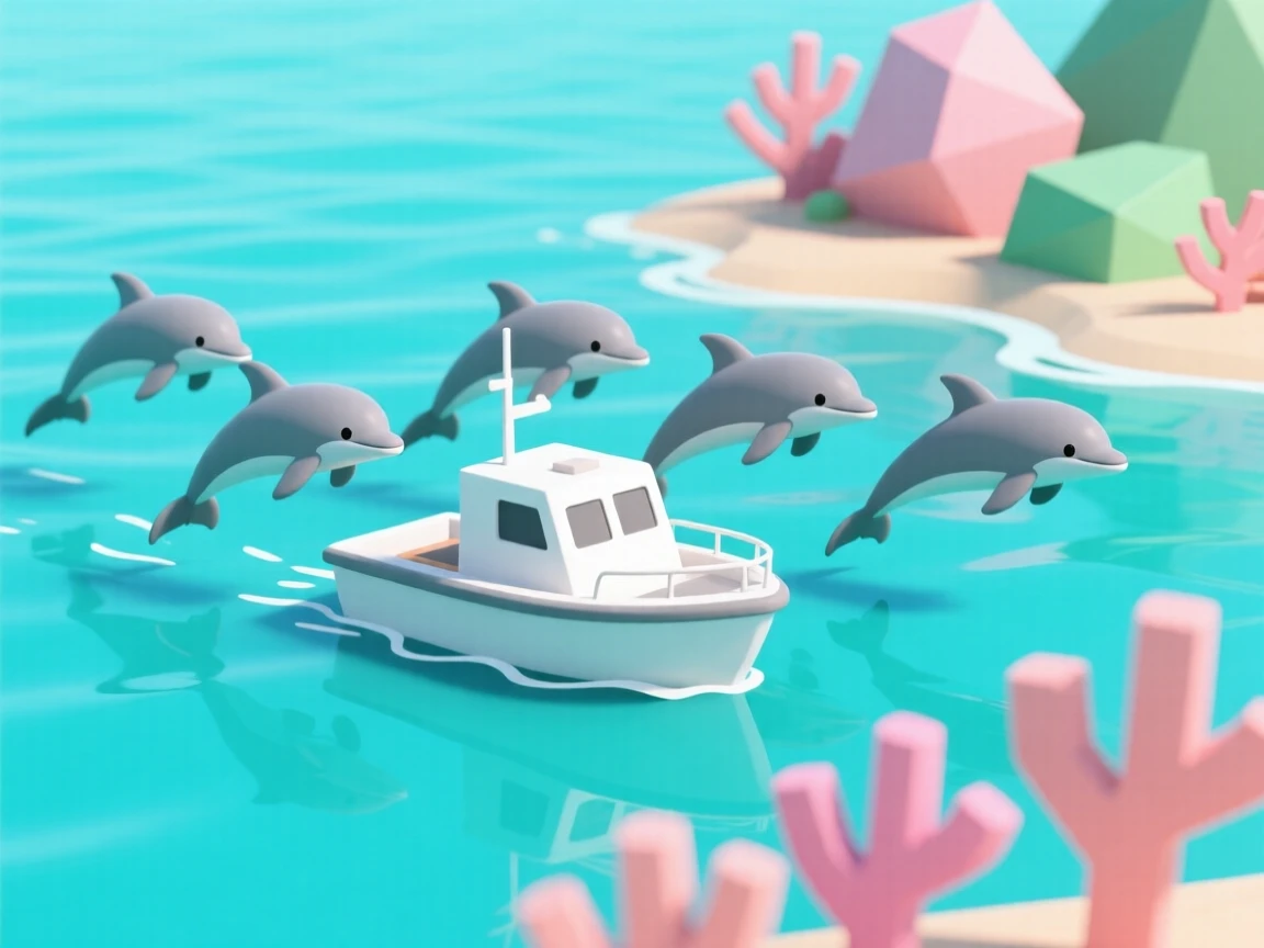A curious dolphin pod escorts a small research boat through calm, sparkling turquoise waters near a coral reef.