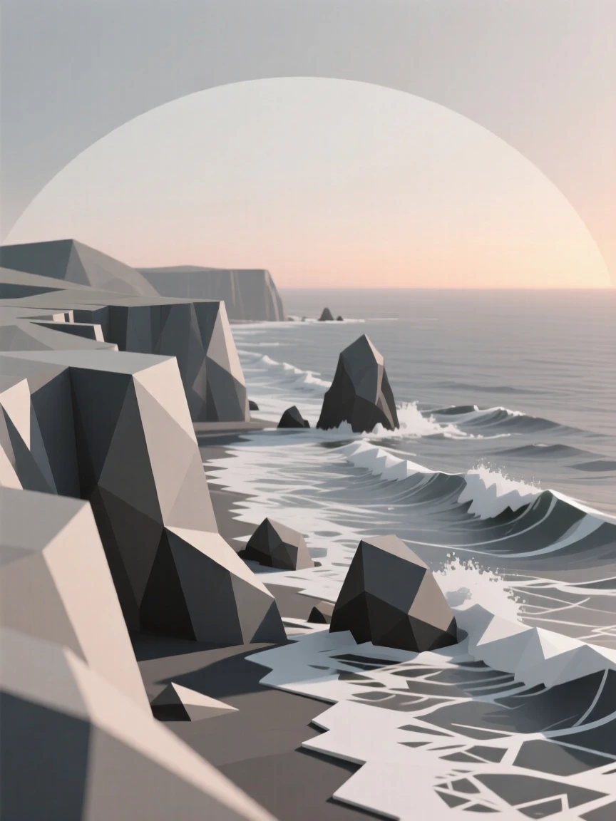 A rugged coastline with crashing waves, beneath a sky painted in sunset hues. the composition uses a wide, sweeping perspective. A deep sense of peace fills the landscape.