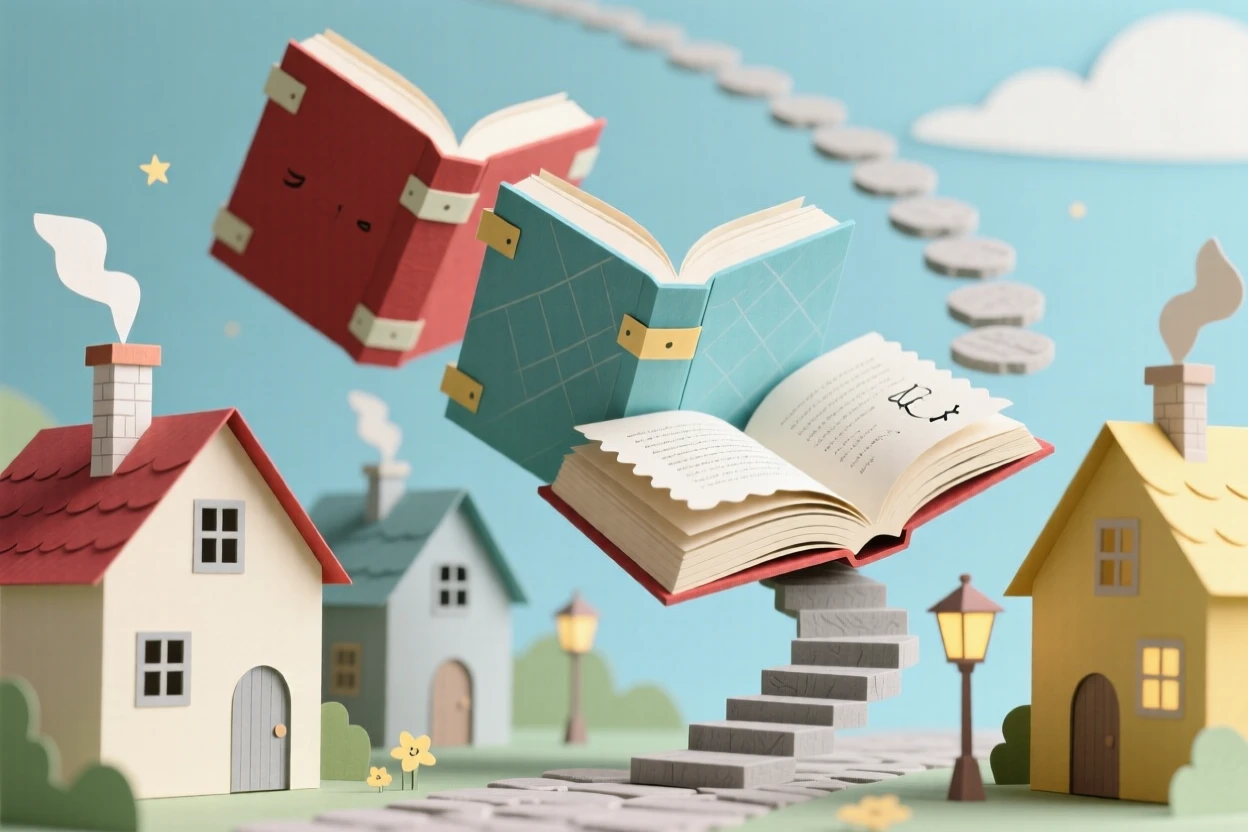 A path of giant stepping-stone books drifting silently over a sleeping village, with delicate details inviting closer inspection, evoking a sense of boundless imagination.