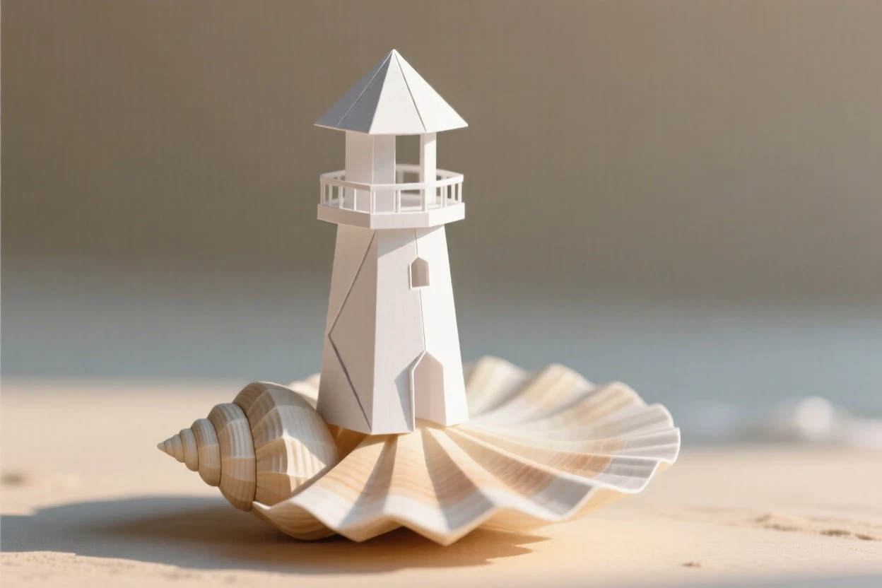 A miniature lighthouse standing atop a single seashell washed onto the shore.
