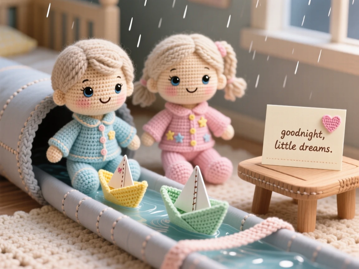 siblings racing paper boats down a rain gutter, cheering for their favorite boat, is captured watching them bob toward the finish line in a softly lit nursery at bedtime beside a handmade card resting on the table, showing quiet tenderness between generations.
