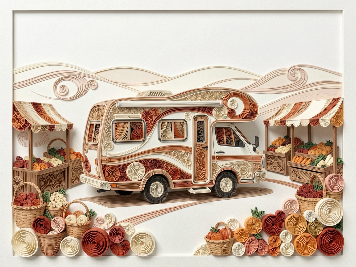 a camper van parked beside a scenic overlook, at an outdoor weekend farmers market, composed with a fresh, airy, minimalist aesthetic, in warm neutral tones of beige and terracotta.