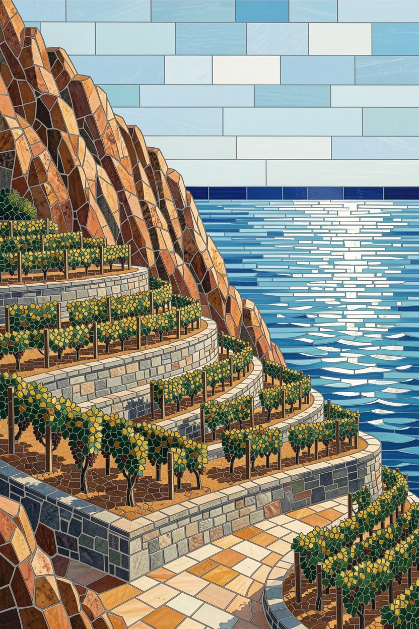 A dramatic cliffside vineyard overlooking a sparkling coastal bay.
