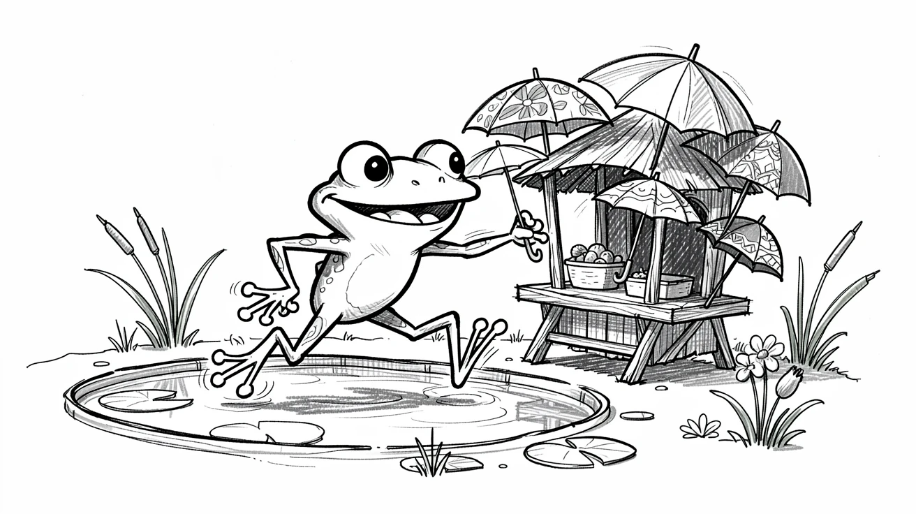 A frog opening a tiny umbrella shop by a pond beside a garden pond.