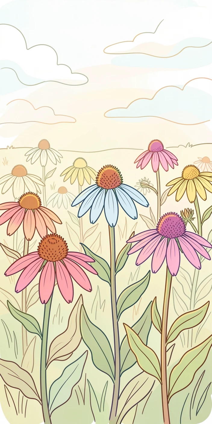 A field of wild echinacea blooming beneath a hazy summer sky.
