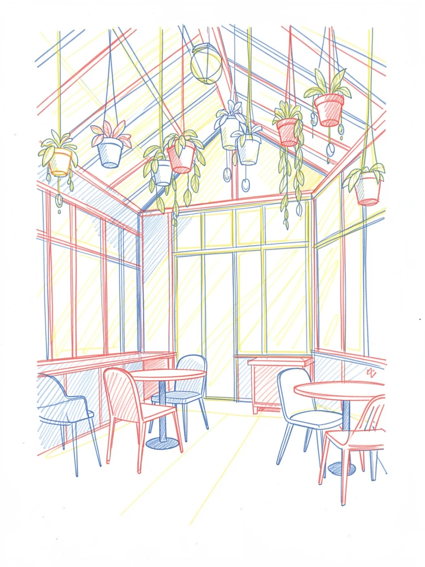 A quiet urban greenhouse cafe filled with hanging plants and sunlight