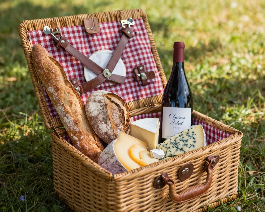 A picnic basket packed with bread, cheese, and wine