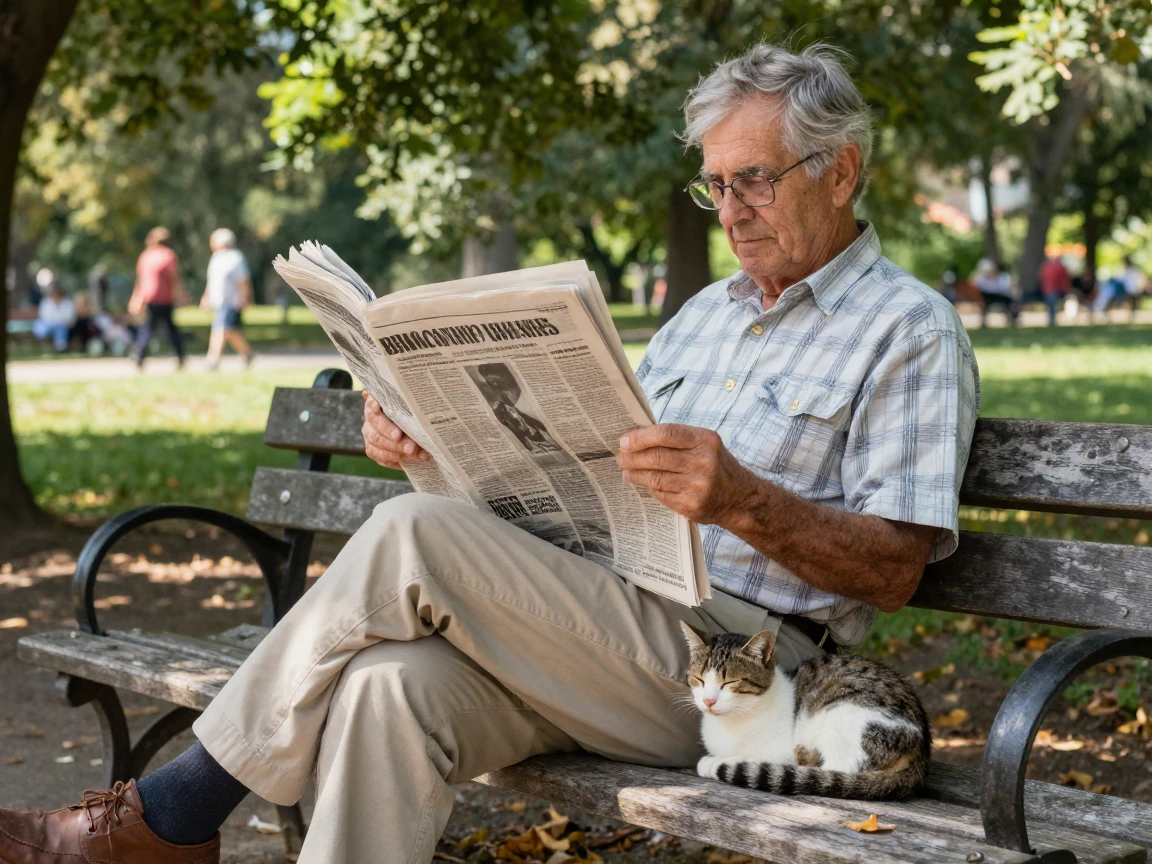 An old man reads a newspaper on a park bench while a stray cat naps curled on his lap.