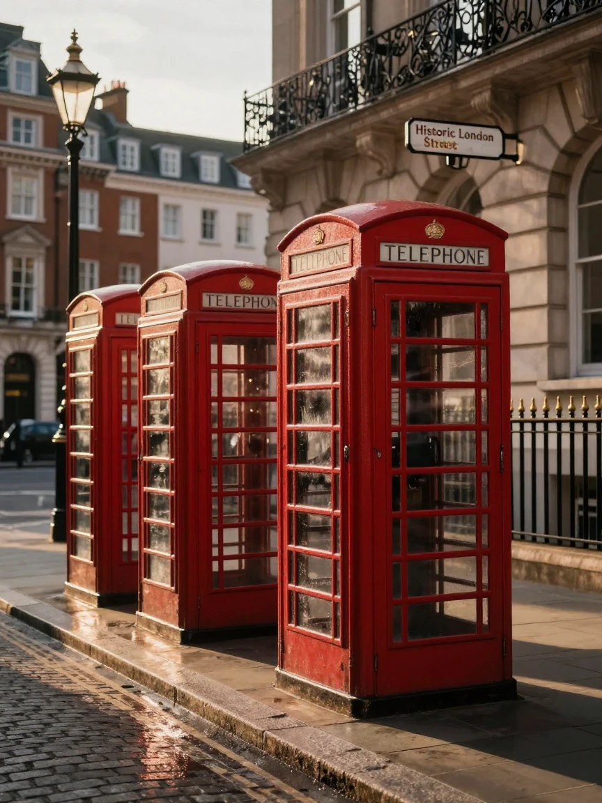 A row of red phone booths beside a historic London street corner