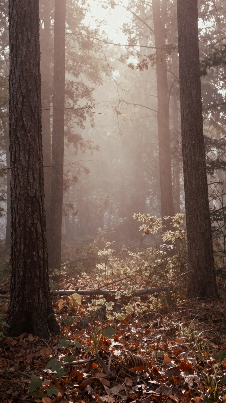 A quiet forest shrouded in thick morning mist, under harsh midday sun, as mist rises off the ground, during the long days of summer, in earthy terracotta and ochre shades, at eye level, intimate and direct.