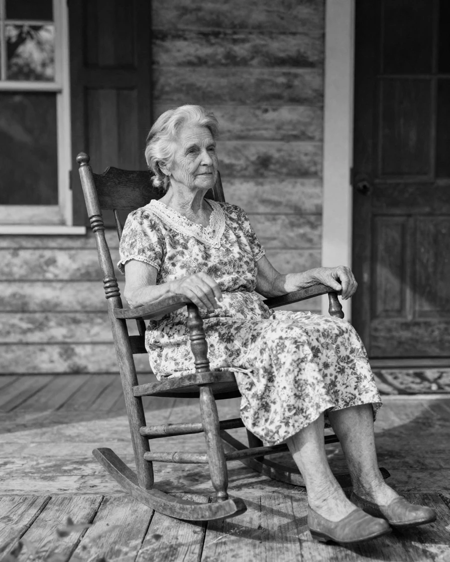 A great-grandmother rocks gently in a wooden chair on a rustic farmhouse porch.