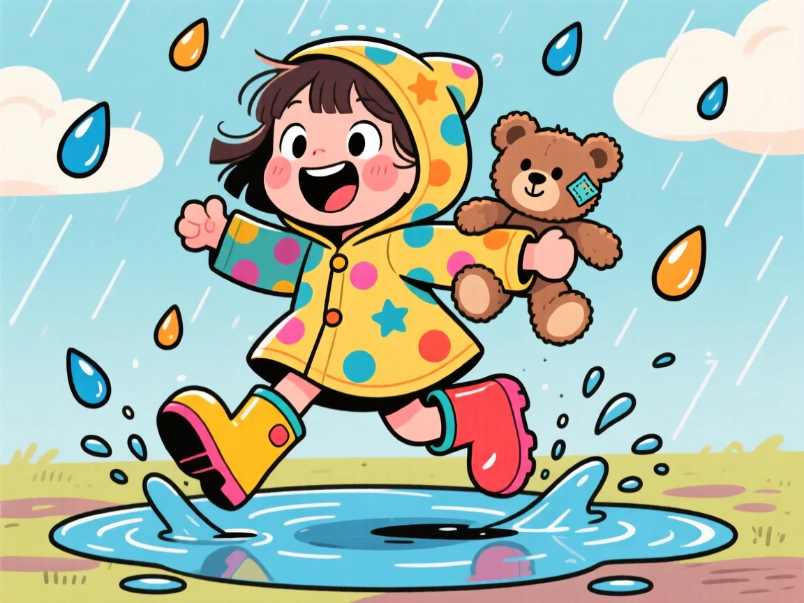 A playful childhood moment of a little girl jumping joyfully into a puddle in rain boots, with a favorite stuffed animal close at hand.