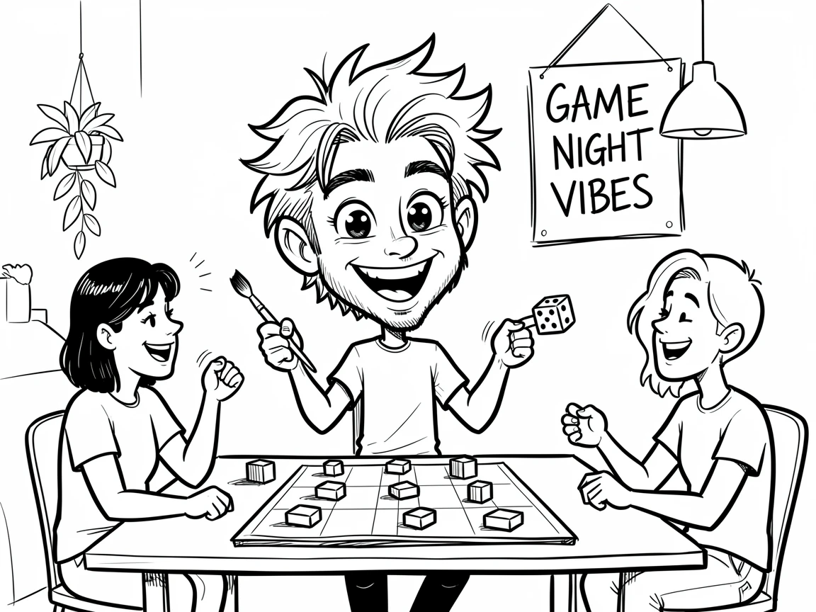 [Trending & Universal Topics] Modern lifestyle scene of a trendy aspiring artist hosting a lively game night with friends, capturing everyday joy