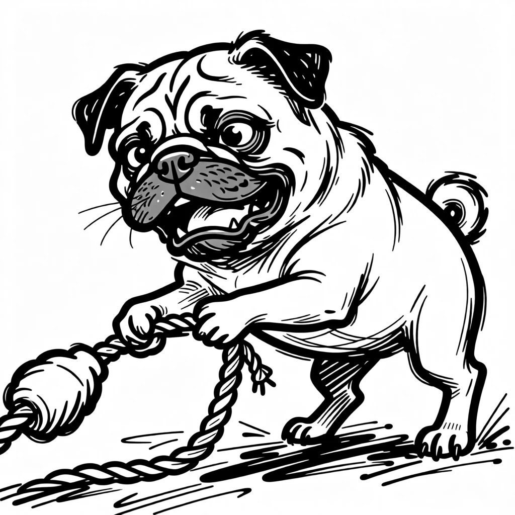 A pug playing tug of war with a rope toy, back paws braced and determined.