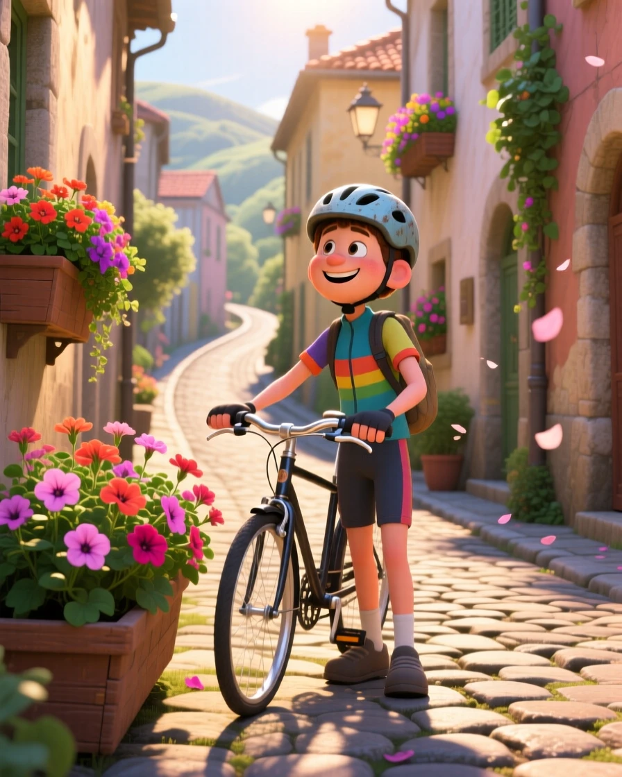 A cyclist pausing on a scenic road stands in a narrow cobblestone alley lined with flower boxes, walking slowly along the quiet path. A warm sense of gratitude and wanderlust colors the moment, with warm golden light washing over everything.