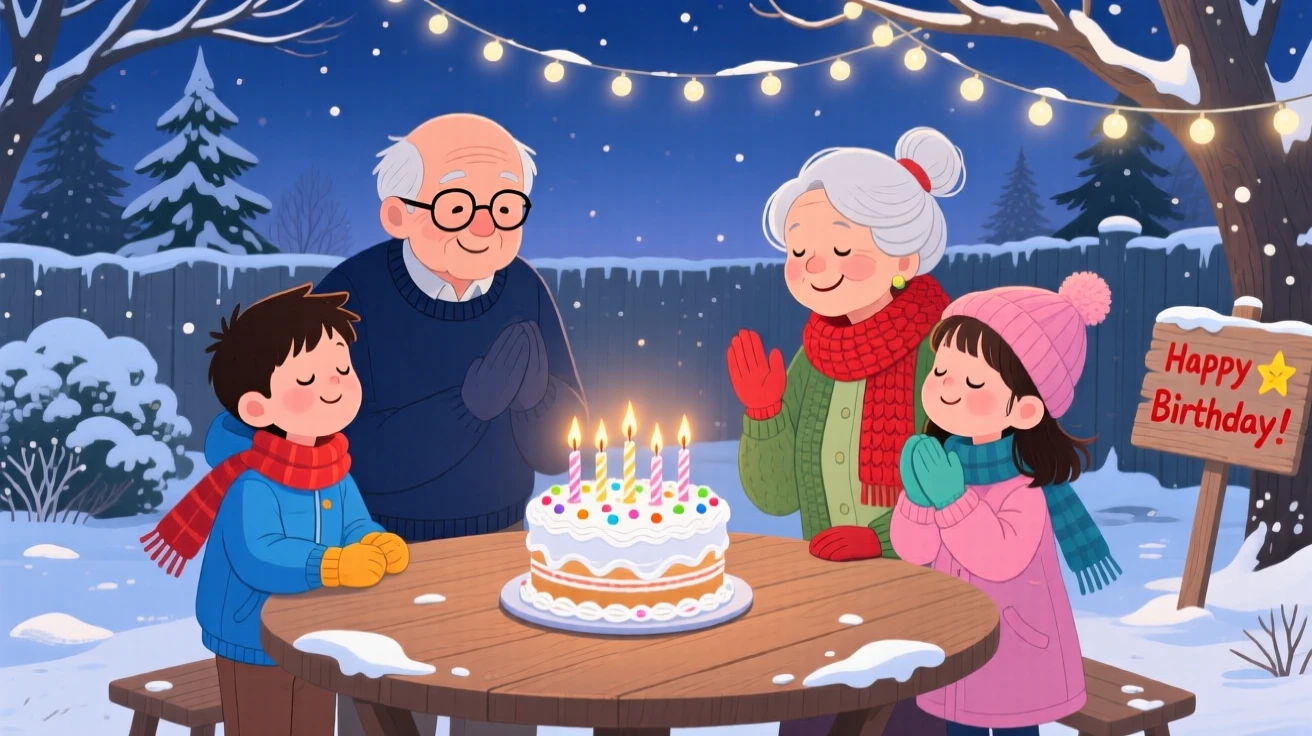 Grandparents and grandchildren gather in a frosty backyard, making a wish while blowing out birthday candles, with twinkling lights strung overhead.