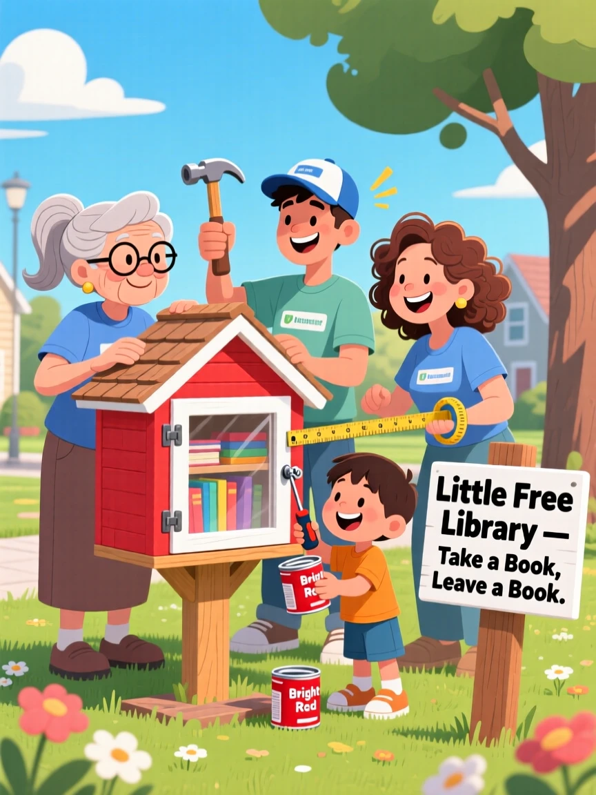A group of volunteers constructing a little free library box.