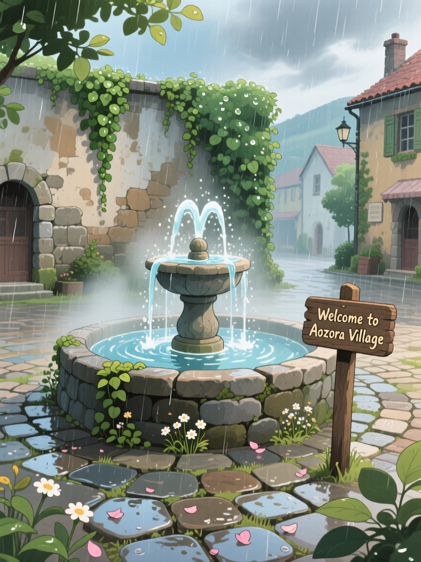 A small village square with a bubbling fountain, with ivy climbing up the side of an old stone wall, during a light spring shower.