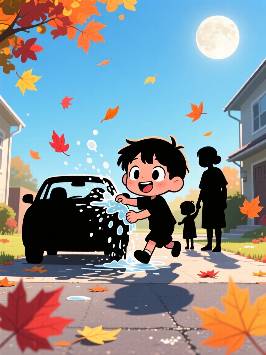 A small boy helping wash the family car, framed as a silhouette composition within a sunny driveway, with autumn leaves swirling around, glowing under soft moonlight, evoking playful mischief.