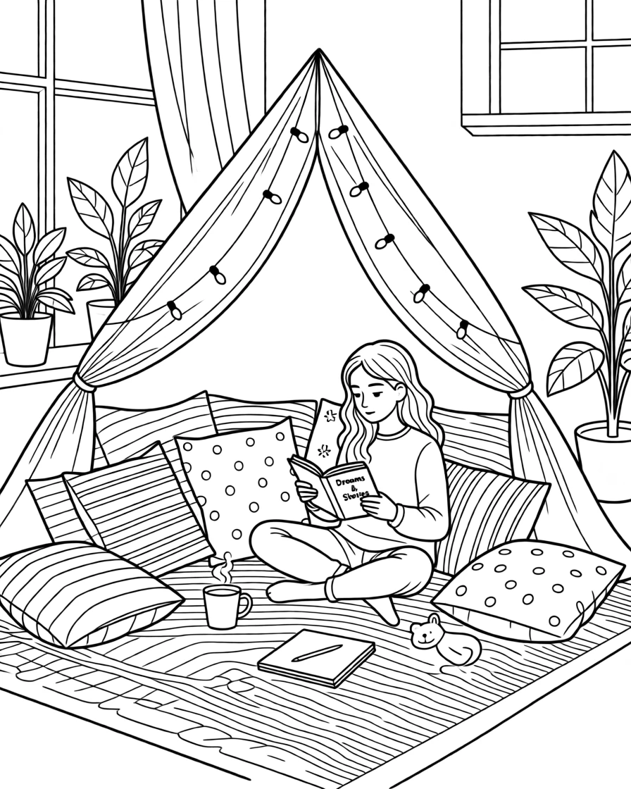 A blanket fort built from pillows and string lights, with soft morning light filtering through the leaves.
