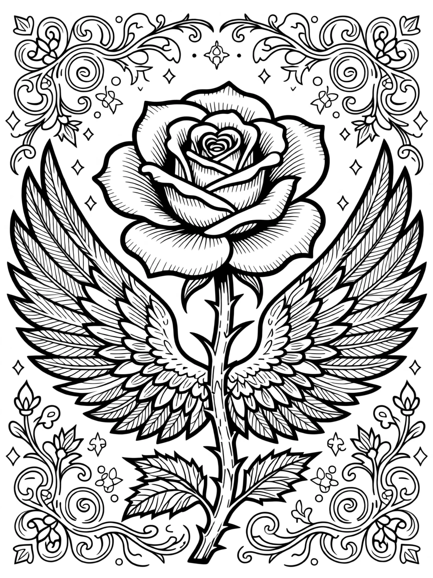 A pair of wings unfurling from a single blooming rose.