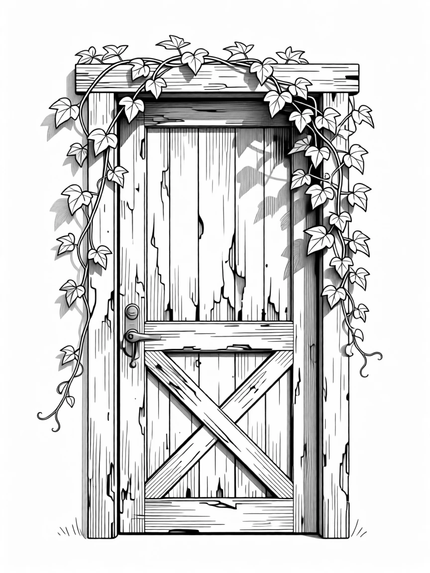 A weathered barn door with peeling paint and climbing ivy