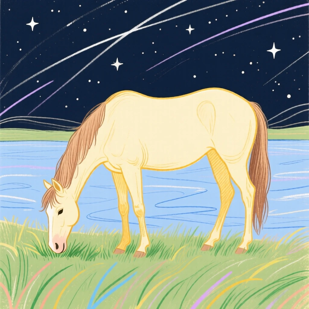 A grazing horse stretching in the morning light beside a still lake under a clear starry sky.
