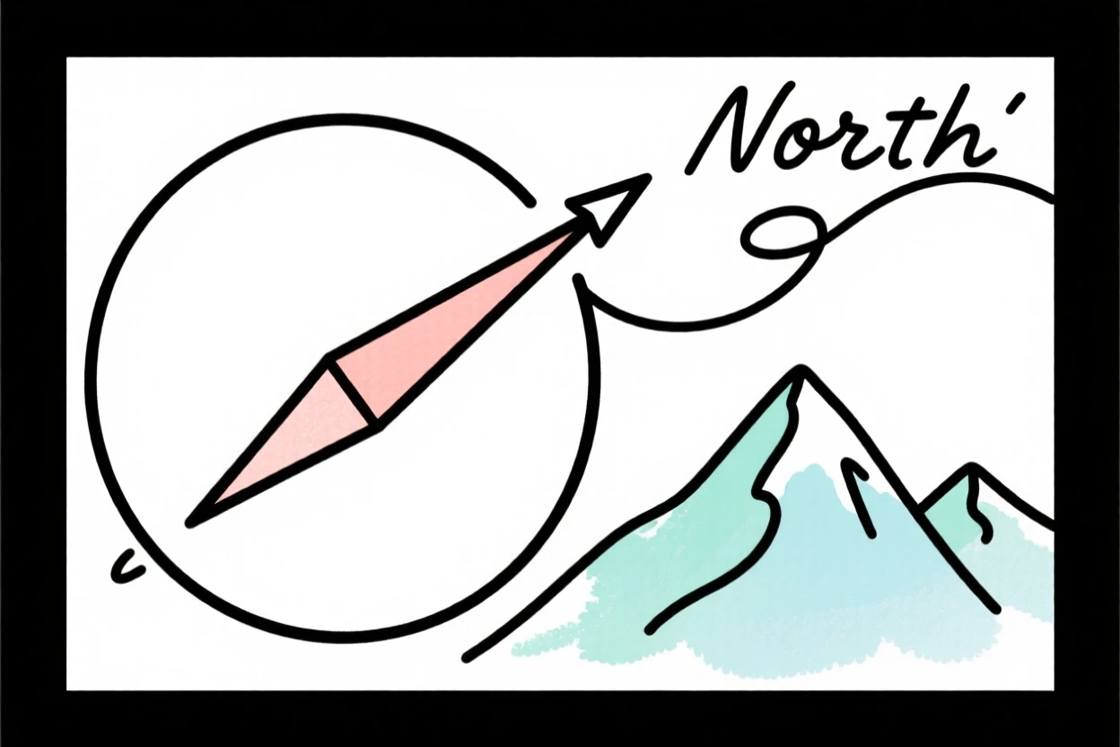 A compass pointing toward a distant mountain