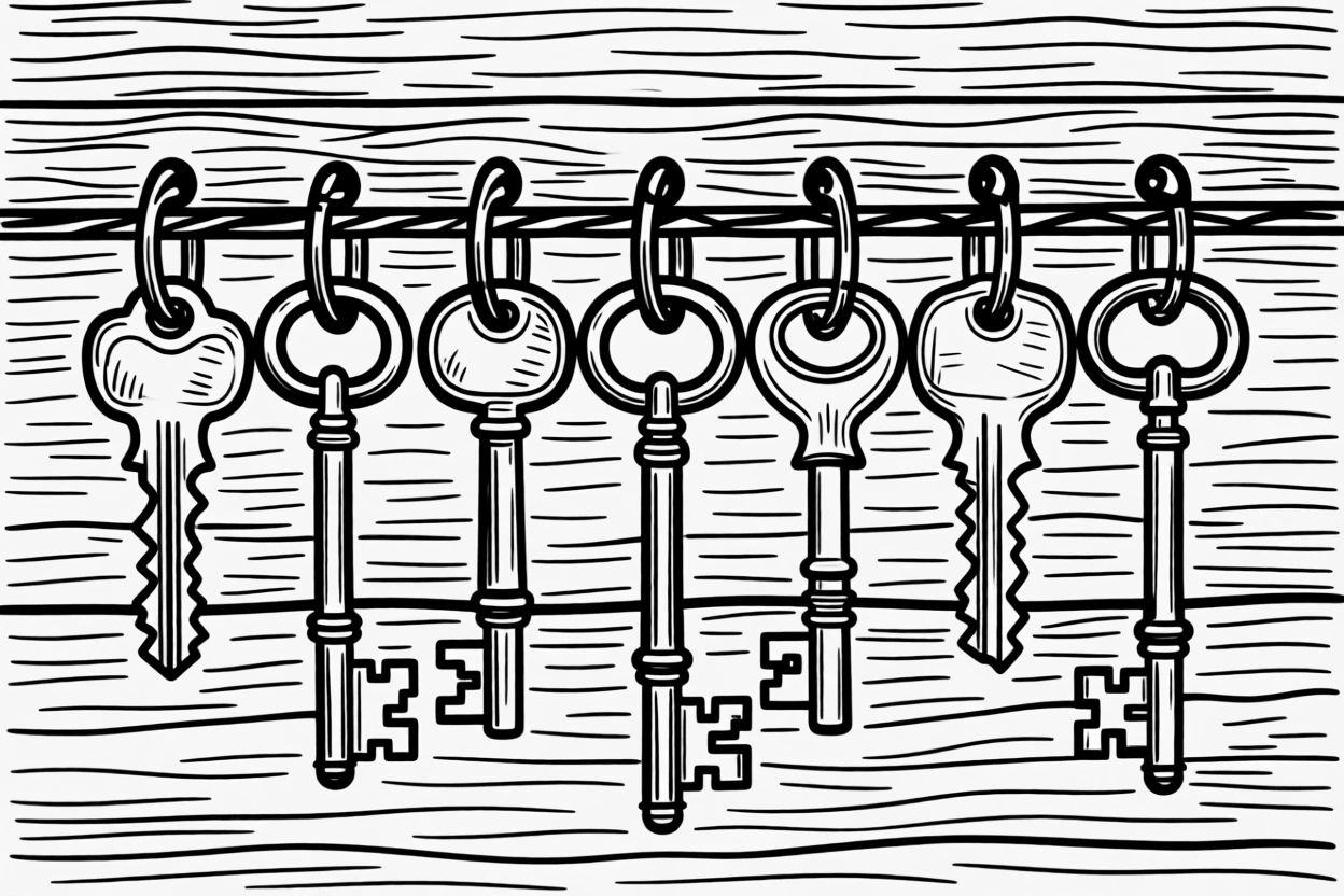 A collection of vintage keys hanging from hooks on a rustic wooden board.