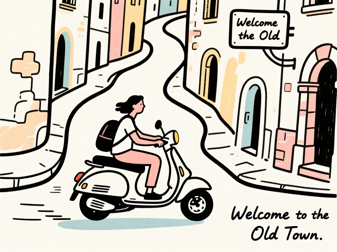A traveler riding a scooter through the winding streets of an old town.