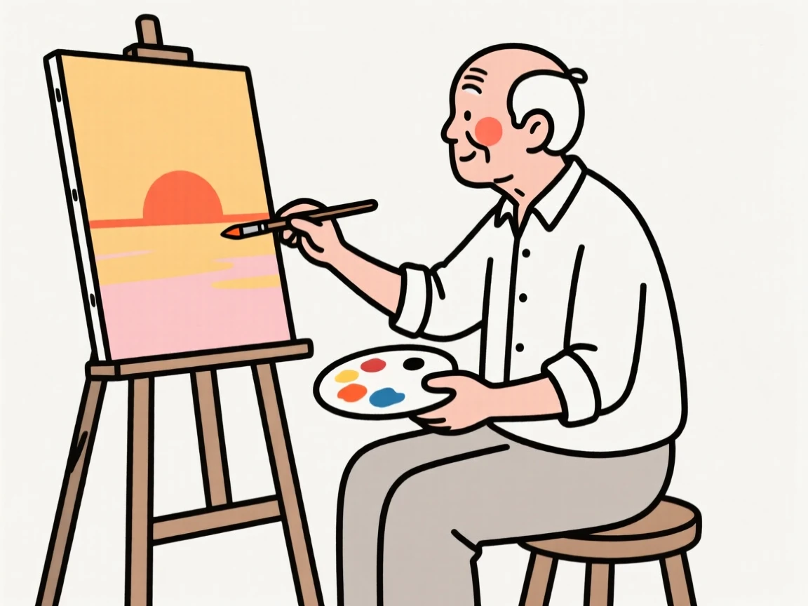 An elderly man painting a sunset on canvas.