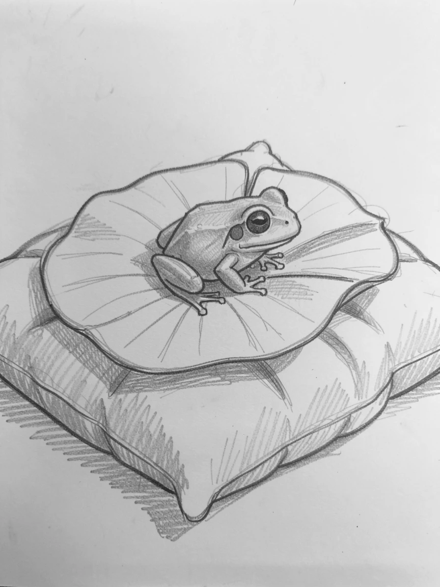 A charming close-up of a tiny frog perched on a lily pad curled up on a plush pillow, looking utterly adorable and at ease.