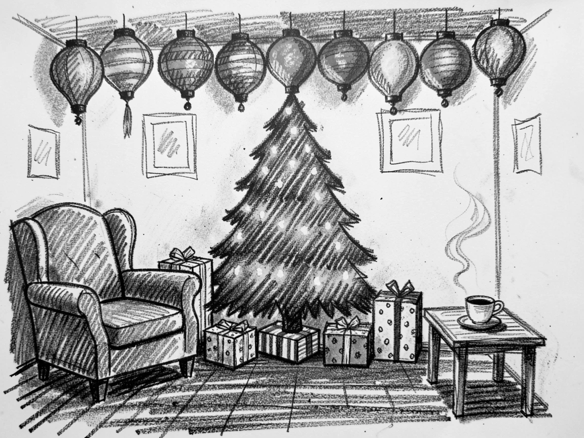 A cozy living room decorated for Christmas with a glowing tree, under a canopy of colorful lanterns.