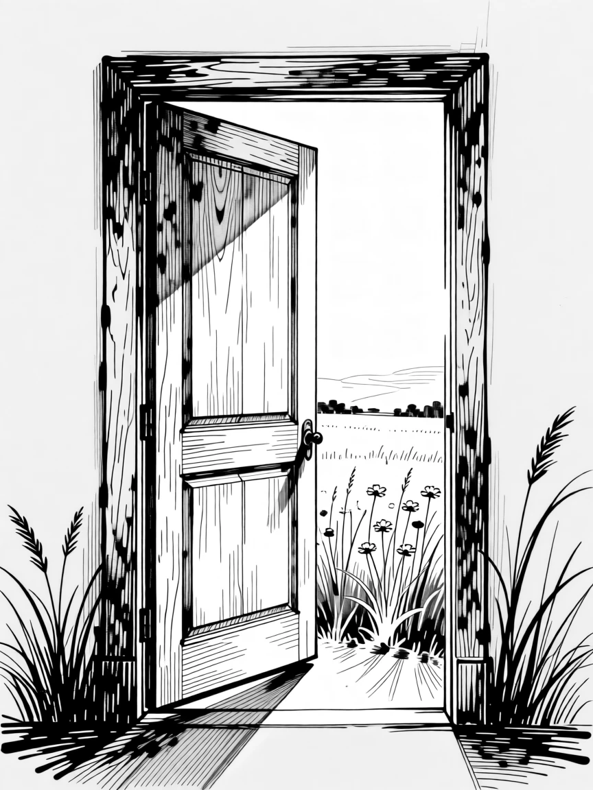 A single wooden door standing open to reveal a sunlit meadow beyond.