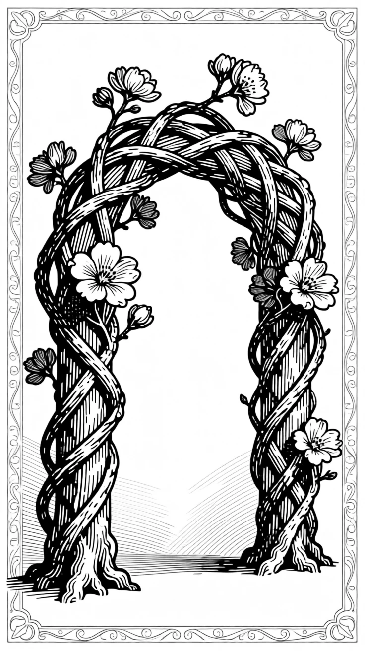 A decorative arch made of woven branches and blossoms framed by a delicate decorative border, with delicate details layered at every scale, forming a gracefully composed decorative composition.