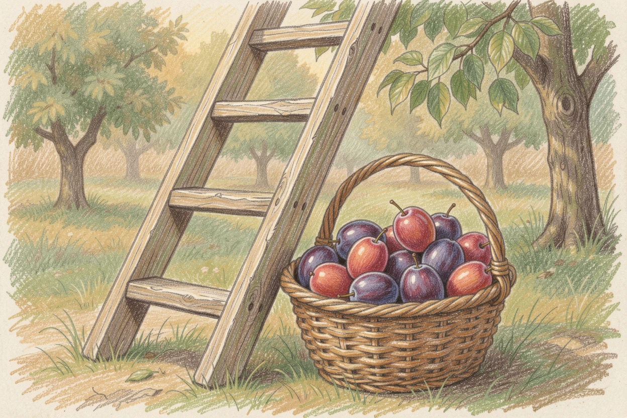 A rustic countryside orchard ladder resting beside a basket of plums, set against a softly lit, atmospheric backdrop, evoking nostalgia and a deep sense of contentment.