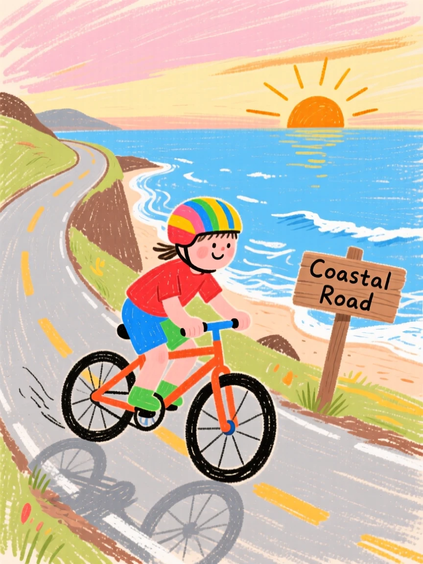 A cyclist racing along a winding coastal road at dawn.