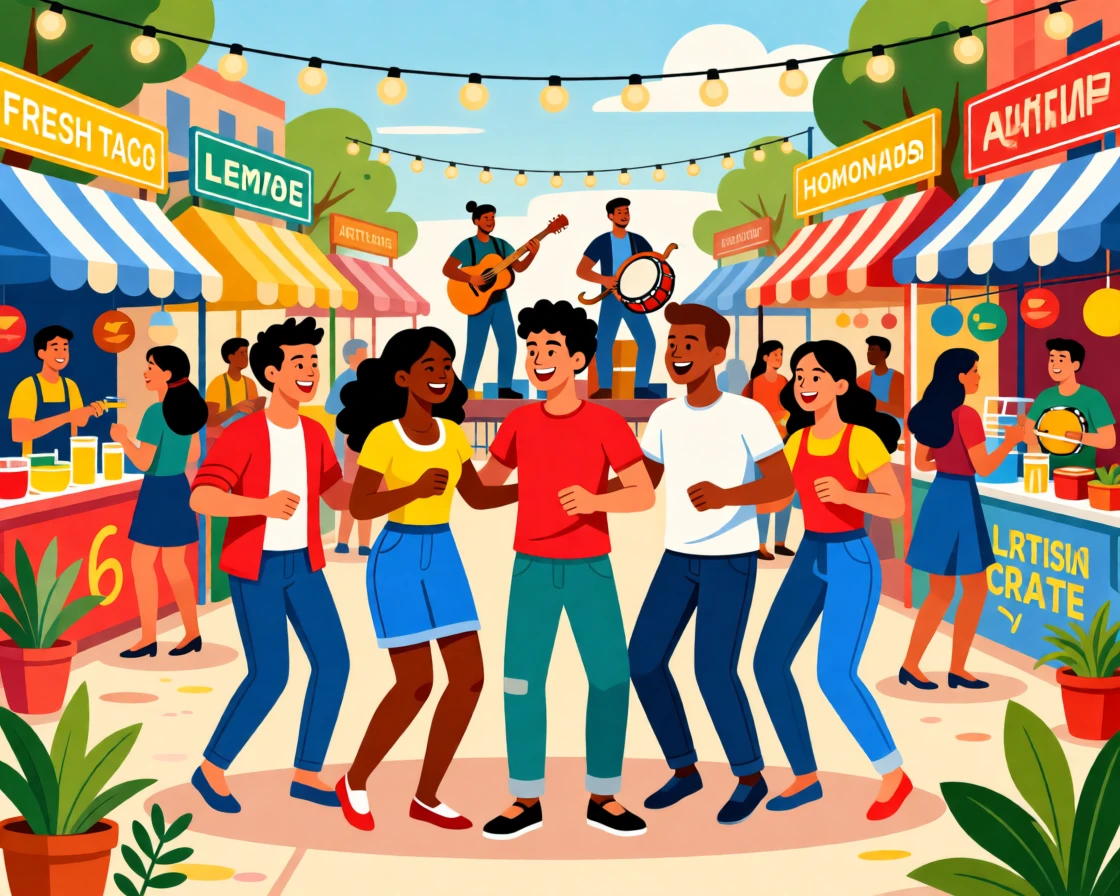 A group of friends dancing together at an outdoor block party, set within a bustling, cheerful marketplace, framed with vibrant colors and lively energy, with a sense of community and connection in every detail.
