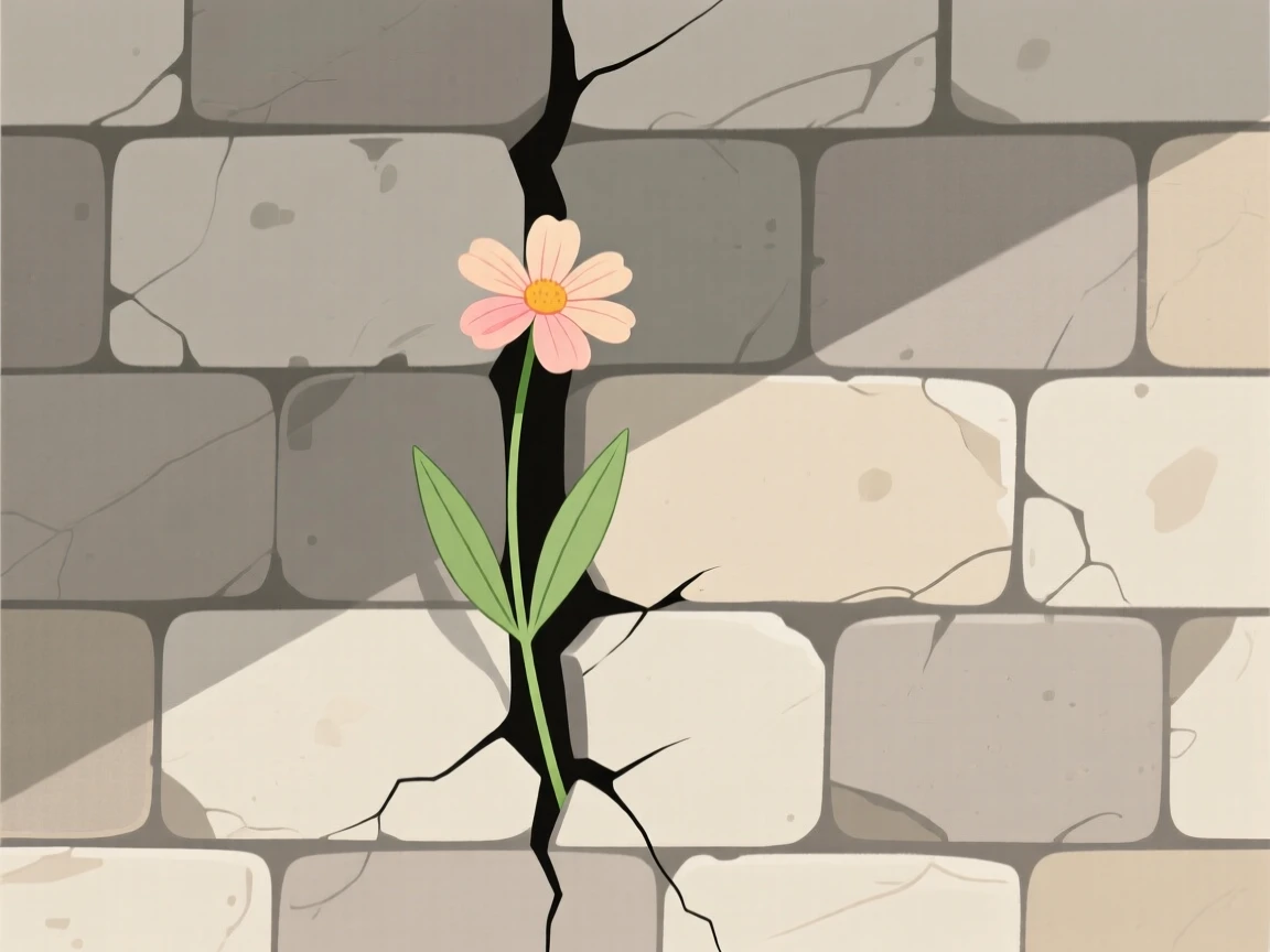 A single flower growing through a crack in an old stone wall.